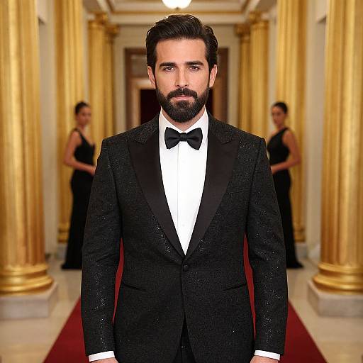 Photograph of a bearded man with dark hair in a black tuxedo and bow tie, standing in an opulent hallway with gold columns and