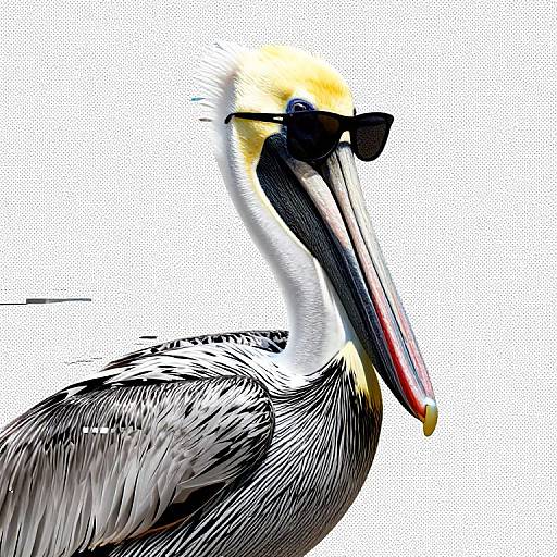 Digital drawing of a detailed, black and white pelican with yellow accents, blue eyes, and a red-tipped beak, set against a white