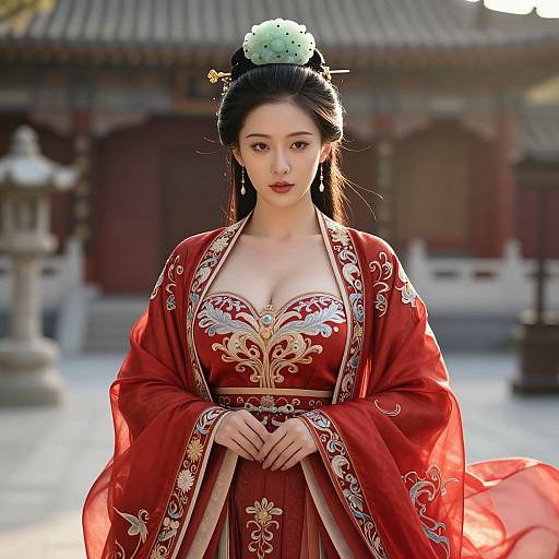 Digital artwork of a beautiful East Asian woman in an ornate red traditional Korean hanbok with gold embroidery, black hair in an updo, and