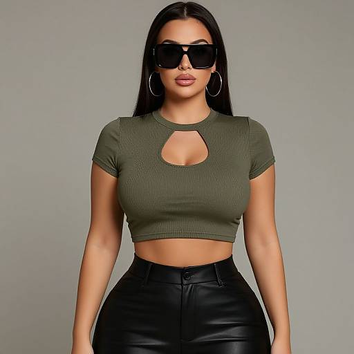 Photograph of a Latina woman with long black hair, wearing oversized black sunglasses, a green ribbed crop top with a keyhole cutout, and