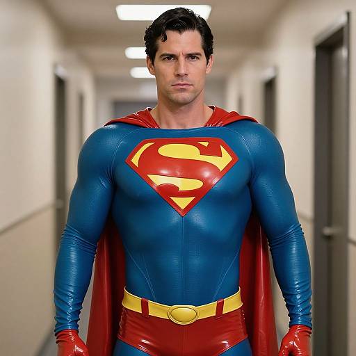 Photorealistic CGI of a muscular, dark-haired man in a blue Superman suit with red cape, yellow belt, and red gloves, standing in a
