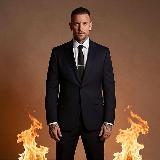 Photograph of a tattooed, bearded man in a black suit and tie, standing against a brown backdrop with two bright flames on either side.