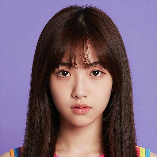 Photograph of an Asian woman with long, straight black hair, bangs, and fair skin, against a solid blue background. She has large,