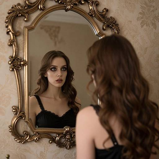 Photograph of a young woman with wavy brown hair, wearing a black lace camisole, staring at herself in an ornate, gold-fr