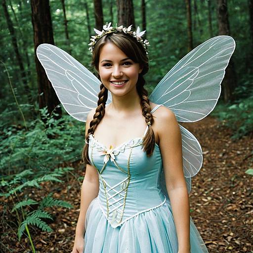 Young Woman in Tooth Fairy Costume in Forest