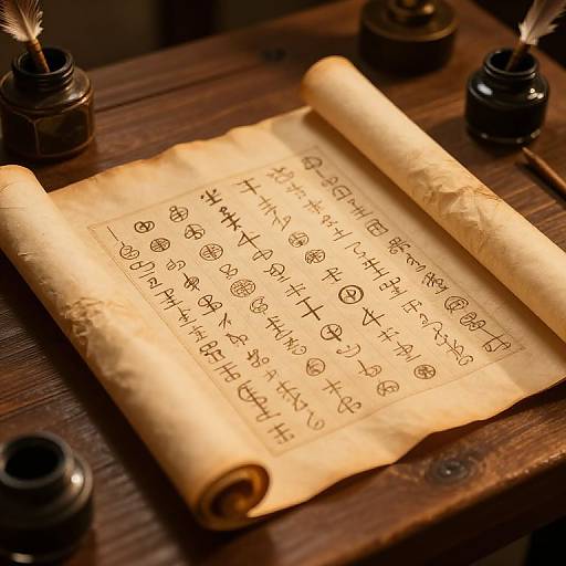 Ancient Scrolls on Wooden Table