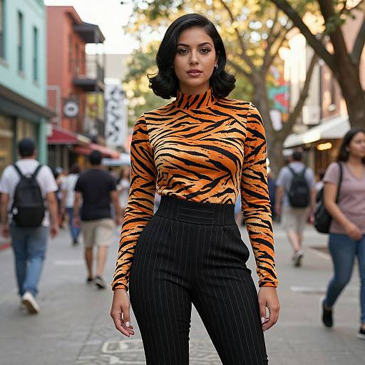 Photograph of a confident woman with medium skin tone, black wavy hair, wearing a tiger-striped long-sleeve top and black pinstripe