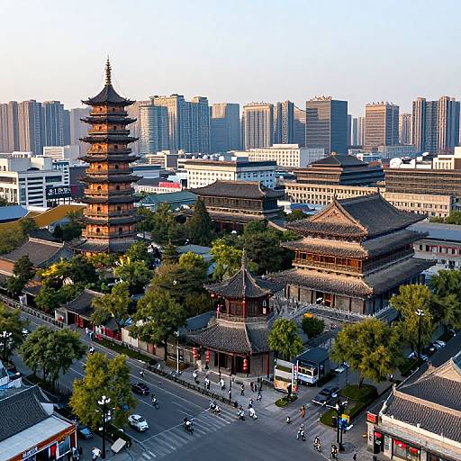 Photograph of traditional Chinese temple complex with tiered pagodas and roofed buildings, surrounded by modern skyscrapers and busy urban streets.