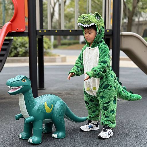 Photograph of an Asian boy in a green dinosaur onesie and white shoes, standing in a playground, pointing at a blue plastic dinosaur toy. Background