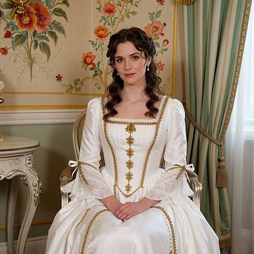 Photograph of a dark-haired woman with wavy hair, wearing a white, gold-embroidered, Renaissance-style dress, seated in an orn