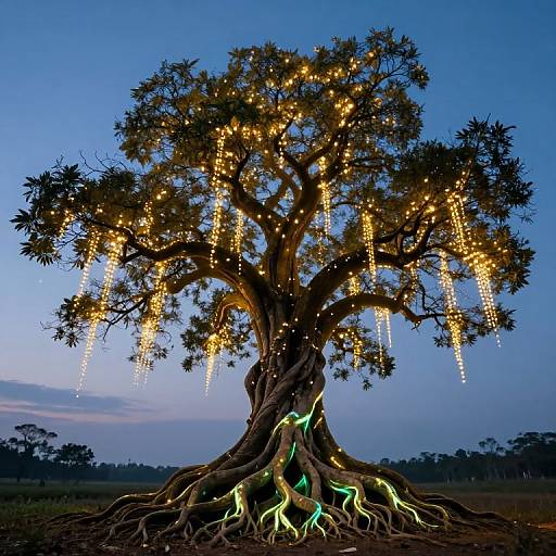 Photograph of a large tree at dusk, illuminated by hanging fairy lights and green LED lights on exposed roots, against a blue sky.