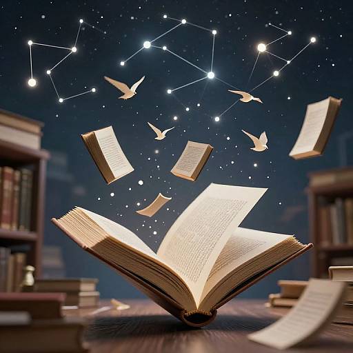 Photograph of an open, glowing book in a library, with flying birds and star constellations above, surrounded by floating pages.