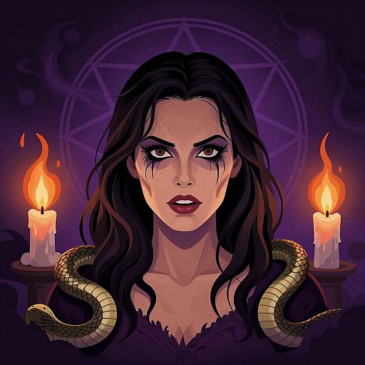 Digital illustration of a dark-haired woman with intense eyes, red lipstick, and a snake coiled around her neck, flanked by burning candles, against