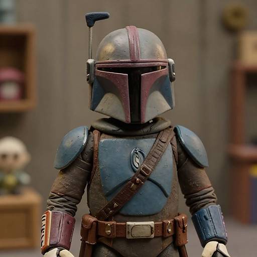 Photorealistic LEGO minifigure of Mandalorian-style character with blue and maroon helmet, worn blue and brown armor, brown belt, and utility