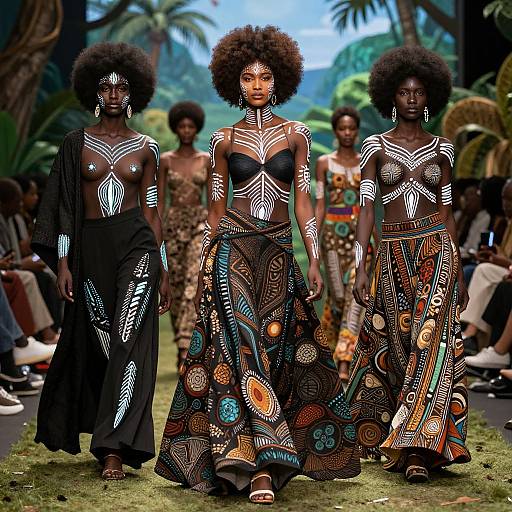 Photograph of four African women with natural afros, wearing black, patterned, body-painted outfits with geometric designs, on a tropical runway.