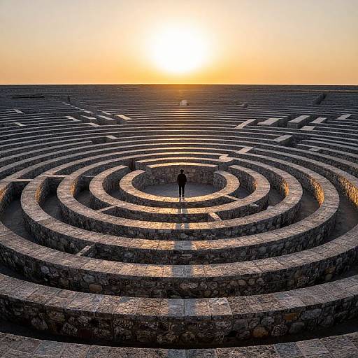 Photograph of a solitary figure standing in the center of a large, circular stone maze at sunset, with the sun glowing in the background.