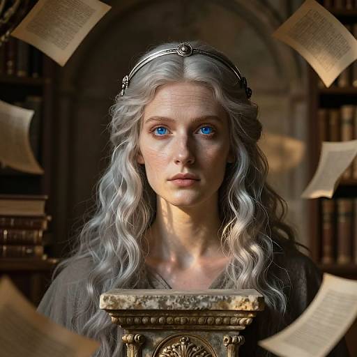 Digital portrait of a fair-skinned, blue-eyed woman with long, wavy silver hair, wearing a headband, in a dimly lit library
