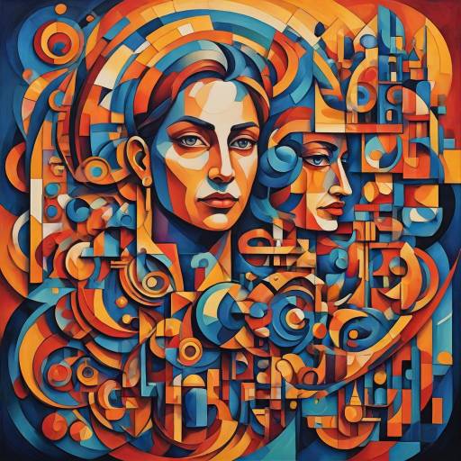 Abstract Cubist Portrait of Woman in Geometric Design