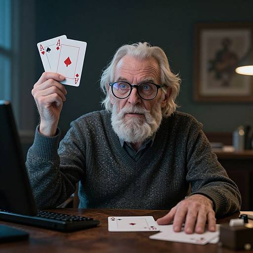 Photograph of an elderly white man with white hair, beard, and glasses, holding aces, wearing a gray sweater, sitting at a wooden desk