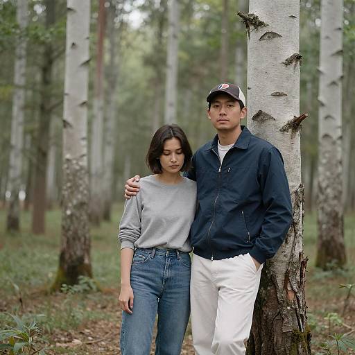 Couple standing in birch forest