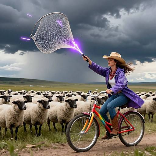 Cowgirl Herding Storm Clouds on Bicycle