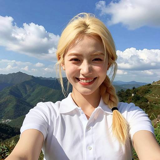 Blonde Ponytail Selfie in Mountains