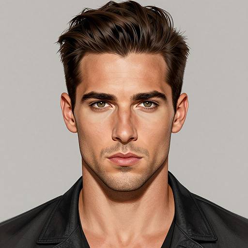Photorealistic digital portrait of a handsome, fair-skinned man with dark brown, styled hair, green eyes, light stubble, and wearing a