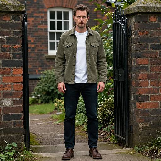 Photograph of a handsome, bearded man with short brown hair, wearing a green military jacket, white t-shirt, black pants, and brown boots