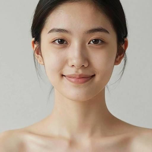 Photograph of an Asian woman with fair skin, dark hair in a simple bun, subtle smile, and natural makeup, against a plain white background.