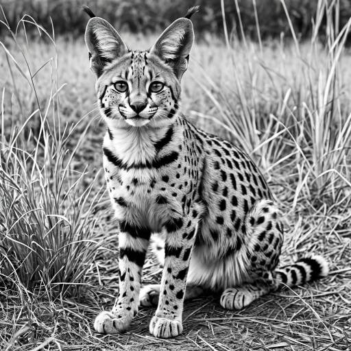 Black and White Serval Cat in Grass