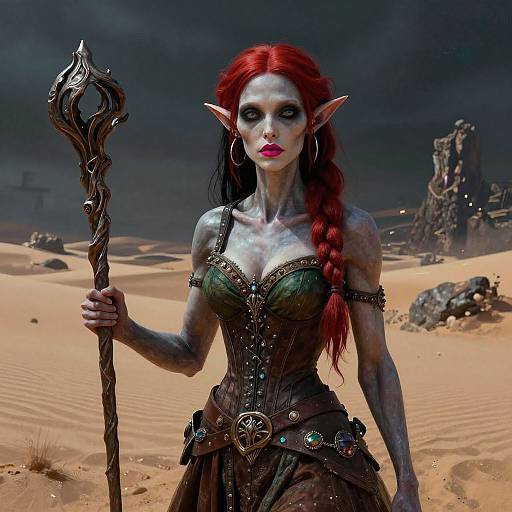 Digital art of a pale-skinned, red-haired elf woman with pointed ears, wearing a dark green corset and brown skirt, holding a twisted staff