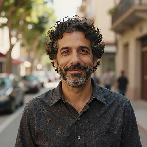Smiling Middle-Aged Man with Curly Hair on Urban Street