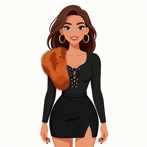 Digital illustration of a stylish woman with long brown hair, wearing a black lace-up blouse, black skirt, and orange furry shoulder accessory, large hoop earrings