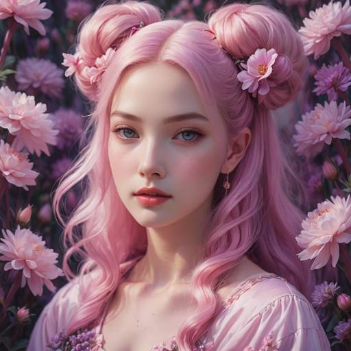Young woman with pink hair and floral background