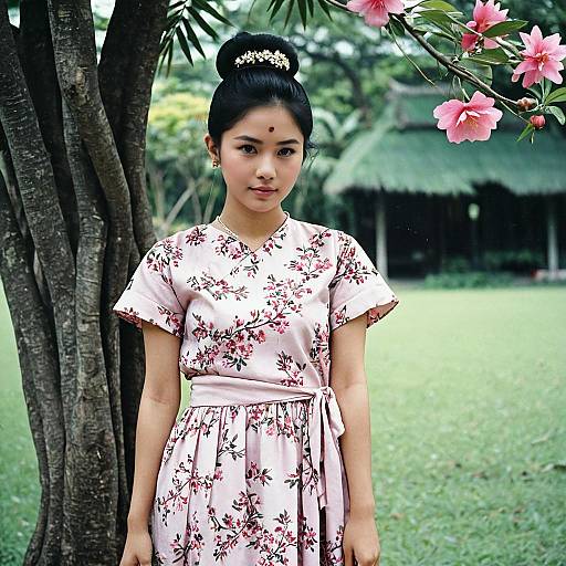 Young Woman in Traditional Thai Dress Outdoors