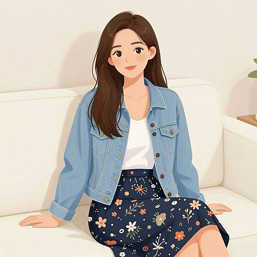 Digital illustration of a smiling woman with long brown hair, wearing a blue denim jacket, white top, and floral navy skirt, sitting on a white couch