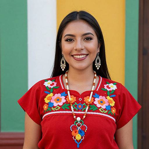 Photograph of a smiling Latina woman with long black hair, wearing a red embroidered blouse with colorful floral designs, and large dangling earrings, standing against a