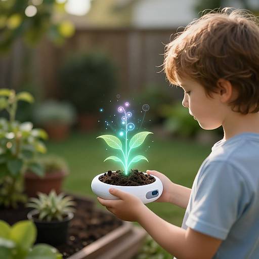 Photograph of a young boy with curly brown hair, wearing a light blue shirt, holding a glowing, futuristic plant pot with a neon green, glowing