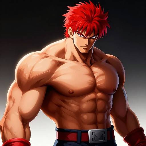 Digital anime-style drawing of a muscular, shirtless man with bright red spiky hair, intense expression, and defined abs, wearing dark pants and a