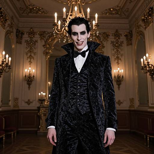 Photograph of a pale, dark-haired man in a black velvet suit with a high collar, standing in an ornate, dimly-lit ball