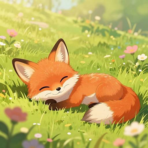Cute, digital illustration of a sleeping, orange fox with white-tipped tail and ears, lying in a sunlit, colorful meadow.