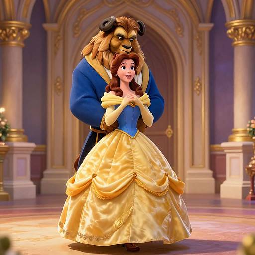 Digital CGI of Disney's Beauty and the Beast: Beast in blue coat embracing Belle in yellow ball gown, in opulent, golden-arched hall