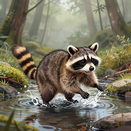 Playful Raccoon in Woodland Stream