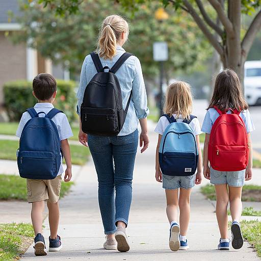 Photograph of a blonde woman in a blue shirt and jeans, walking with three children, each carrying backpacks, on a sunny suburban sidewalk.
