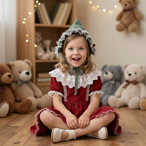 Photograph of a smiling young girl with blonde hair, wearing a red dress and green cone hat, seated cross-legged among teddy bears in a cozy