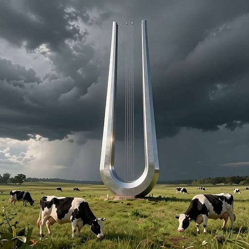 Surreal 3D Pastoral Scene with Tuning Fork
