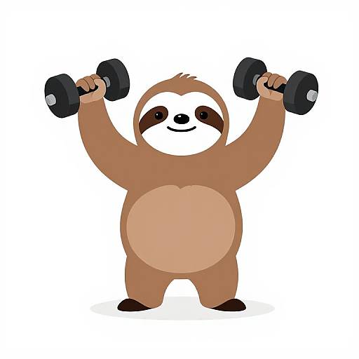 Cartoon brown sloth with white face and belly, smiling, holding black dumbbells above head, standing on white background. Digital illustration.