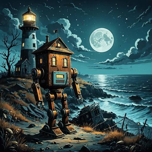 Rusty Robot at Dreamy Seascape Lighthouse