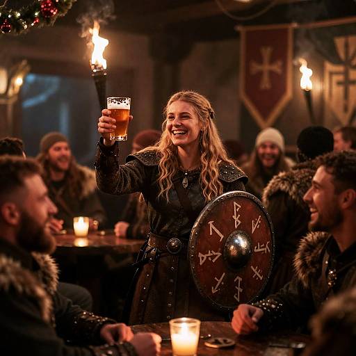 Viking Shield-Maiden Toast in Festive Pub