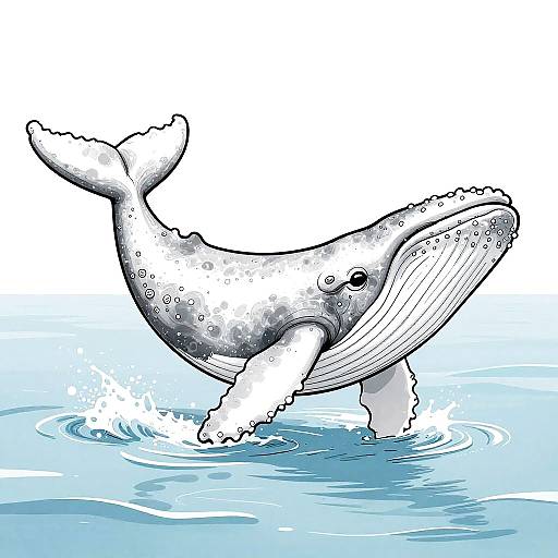 Black-and-white illustrated whale leaping out of blue ocean water, with splashes around its flippers, in a comic style.